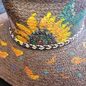 Brown Straw Hat with Hand Painted Sunflower Design